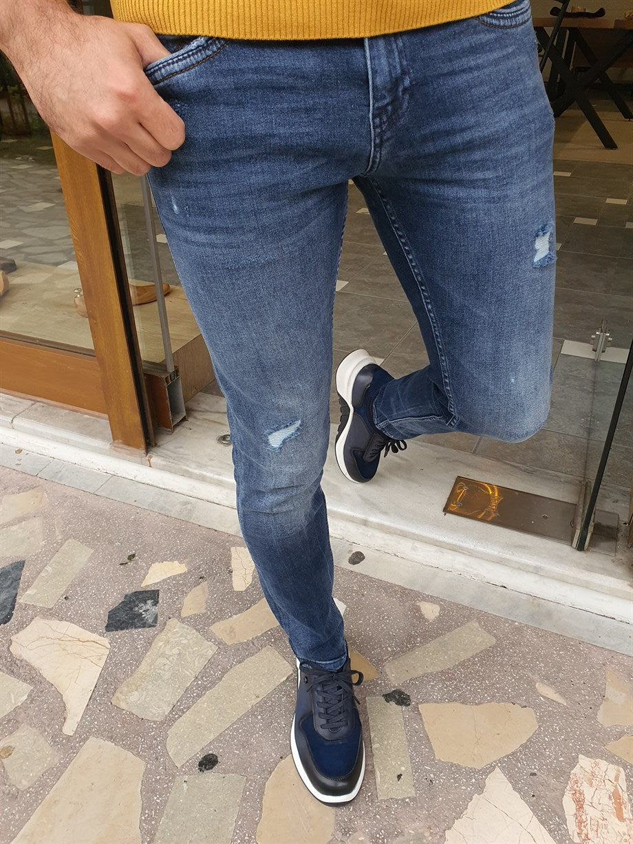 Narrow Cut Slit Detailed Grinding Jeans